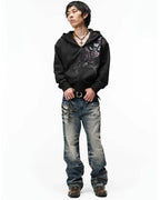 Night Lab Rose Skull Rhinestone Zip Up Hoodie
