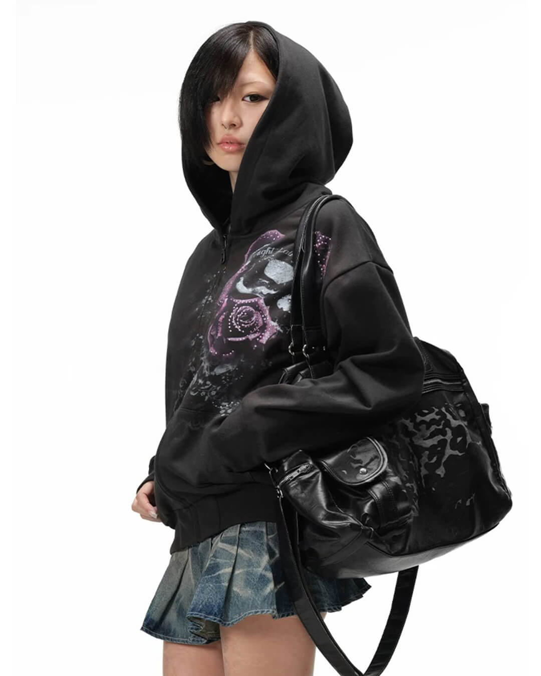 Night Lab Rose Skull Rhinestone Zip Up Hoodie