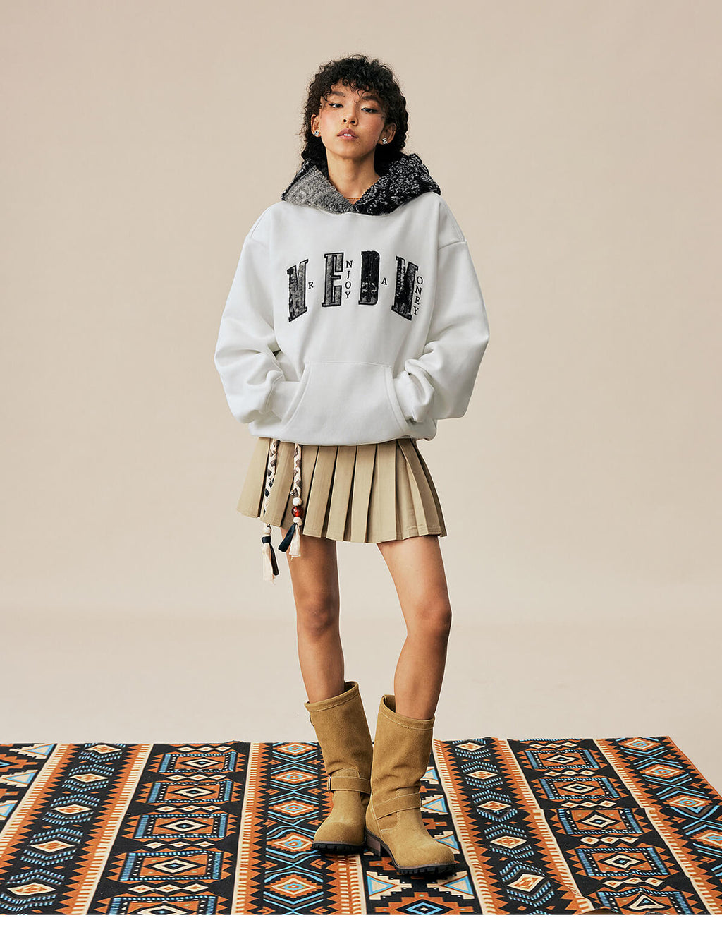 MEDM Patterned Sherpa Hood Patchwork Hoodie