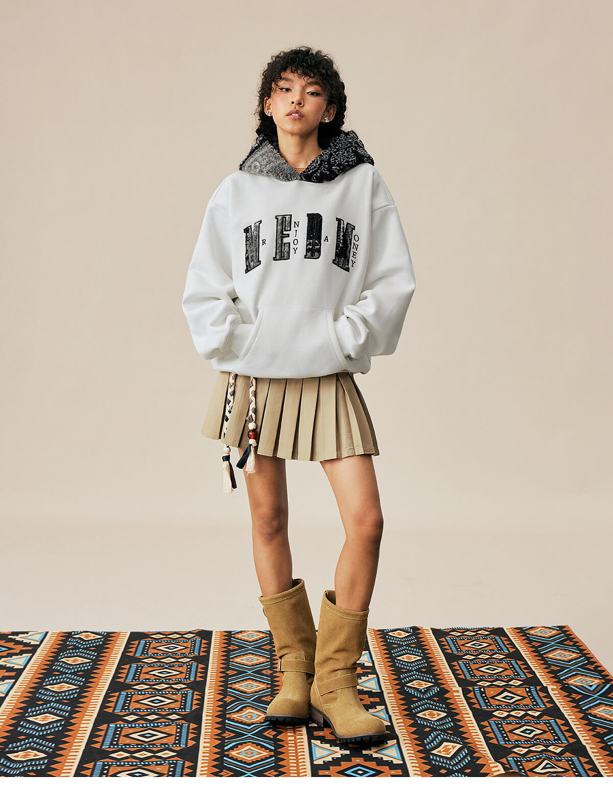 MEDM Patterned Sherpa Hood Patchwork Hoodie