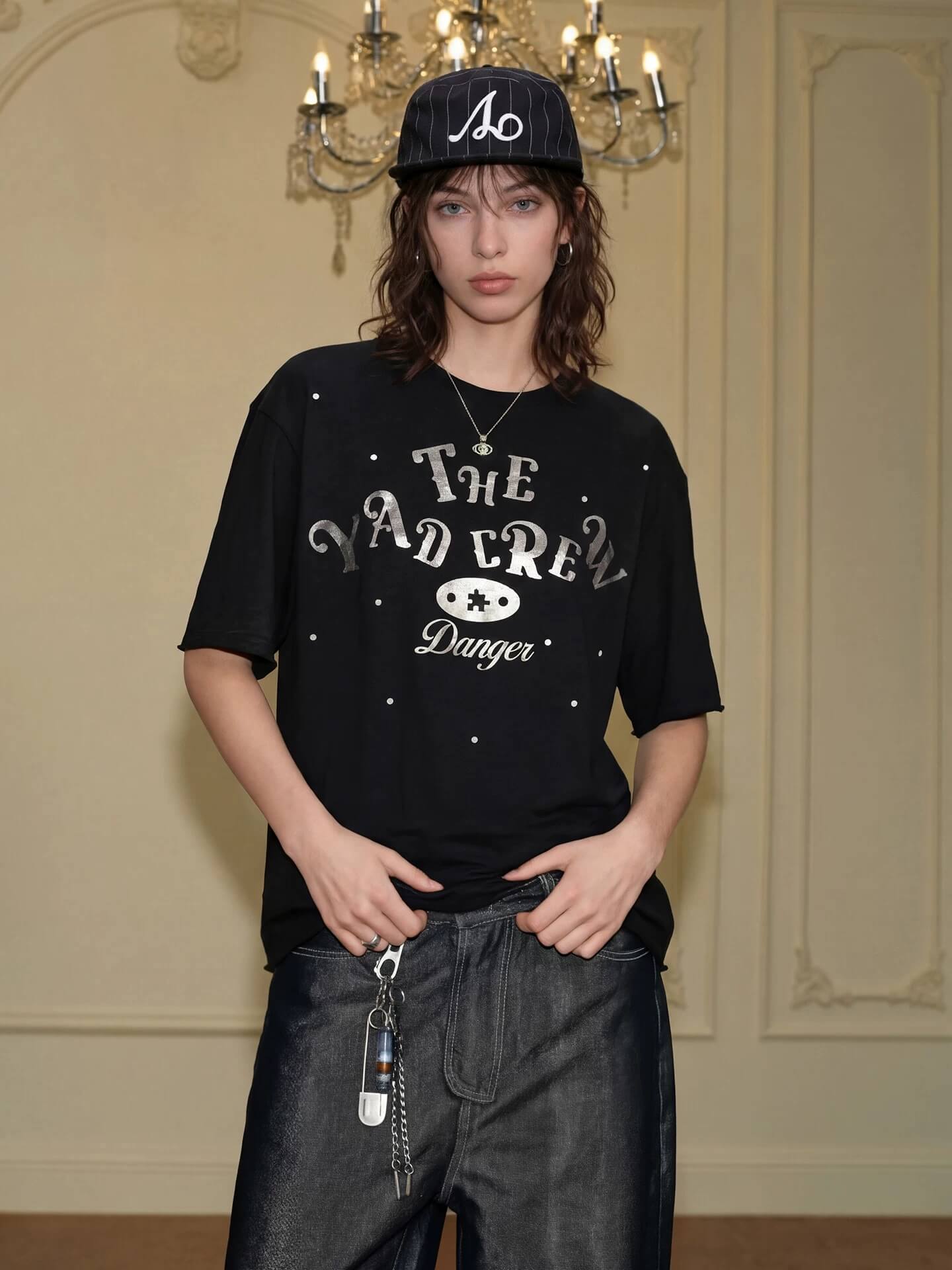 YADcrew Silver Logo Print All Over Rhinestone Tee