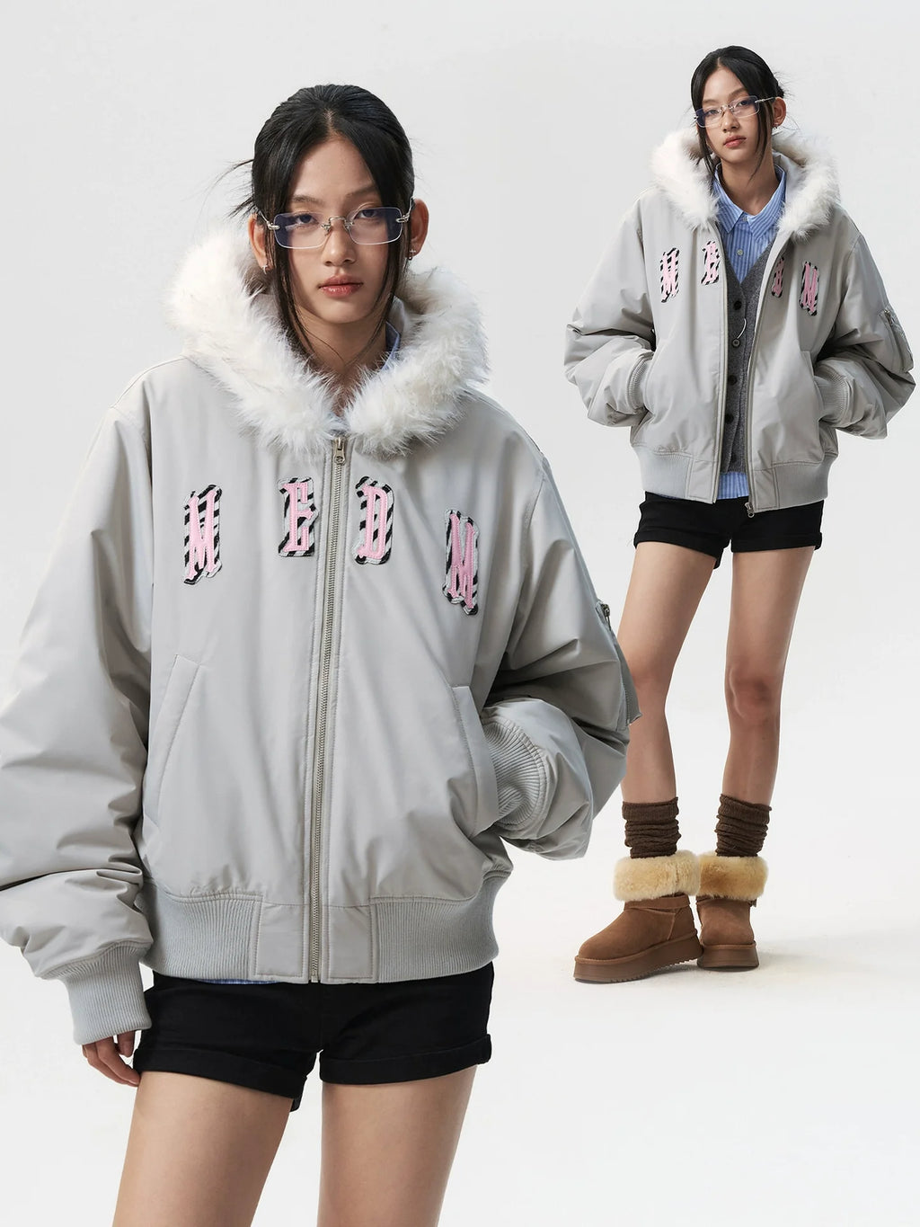 MEDM Animal Logo Patch Fur Hooded Bomber Jacket