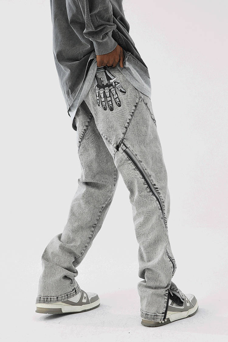 JHYQ Slim Zipper Openings Printed Denim Jeans