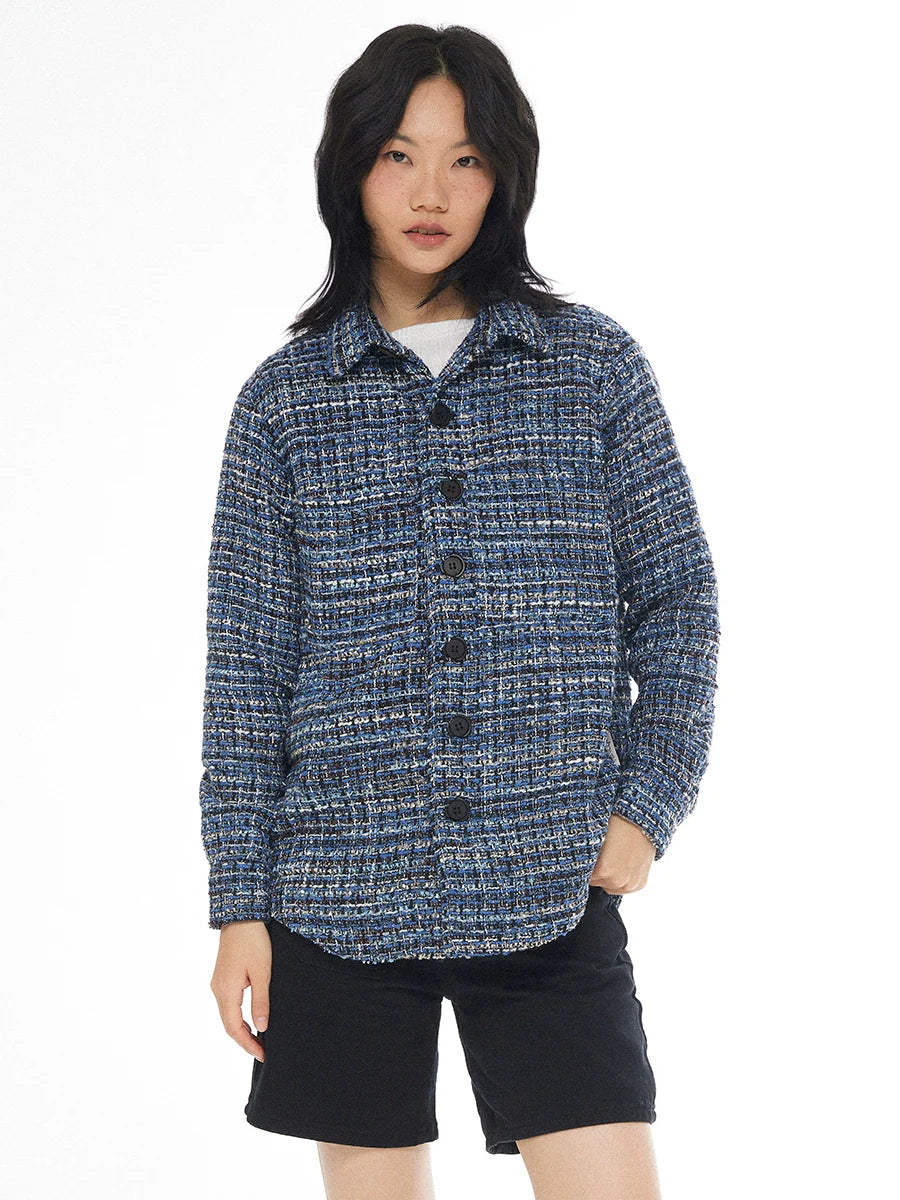 EMPTY REFERENCE Tweed Plaid Blue Long Sleeve Shirt