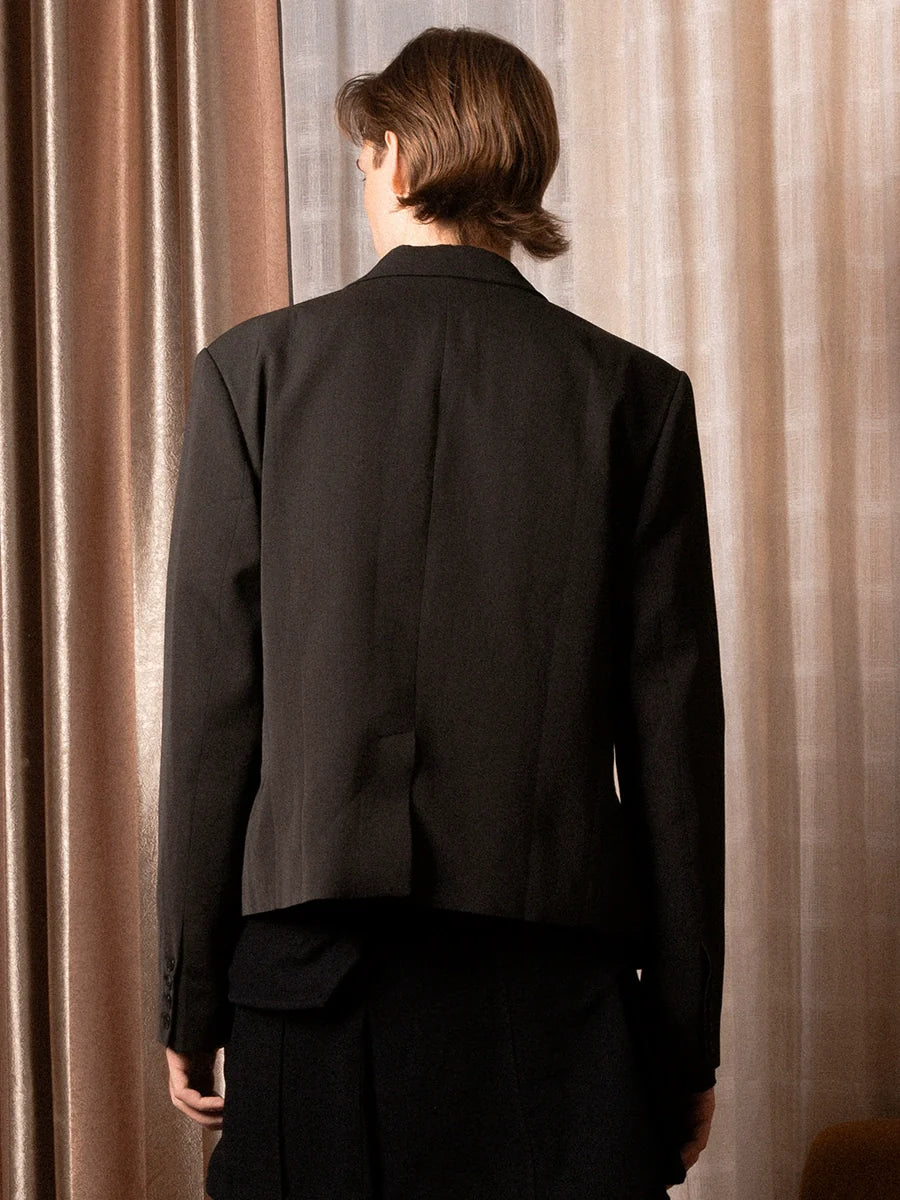 SOD Co. Deconstructed Pinstripe Double Breasted Short Suit Jacket