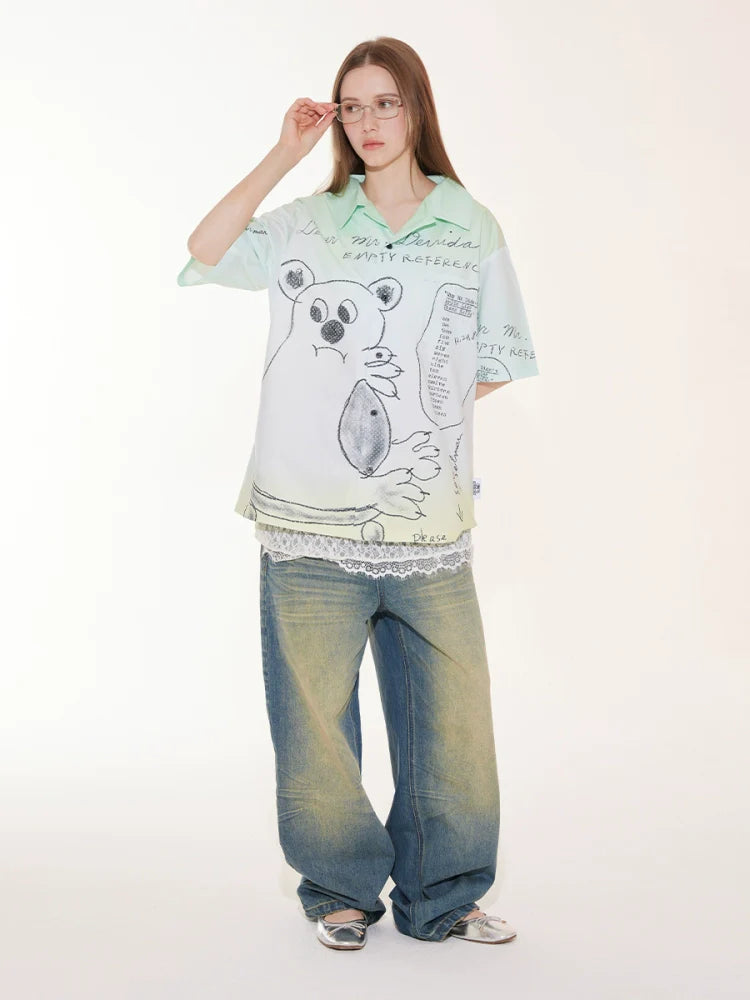EMPTY REFERENCE Hand Painted Bear Print Gradient Short Sleeve Shirt