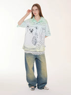 EMPTY REFERENCE Hand Painted Bear Print Gradient Short Sleeve Shirt