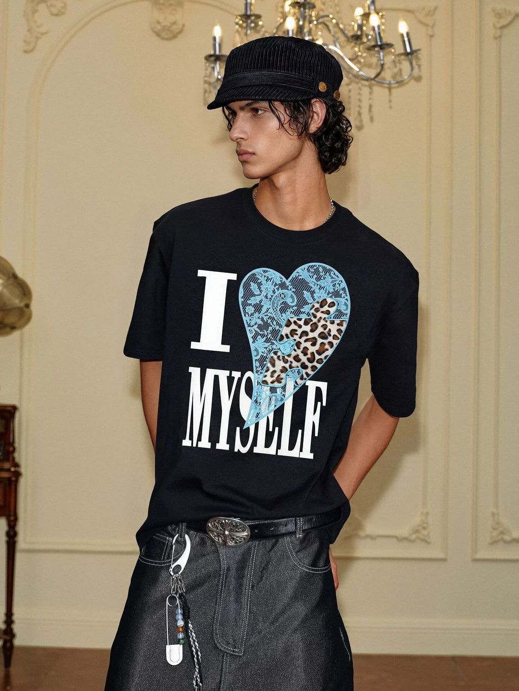 YADcrew Heart Puzzle Patchwork Lace Leopard Tee