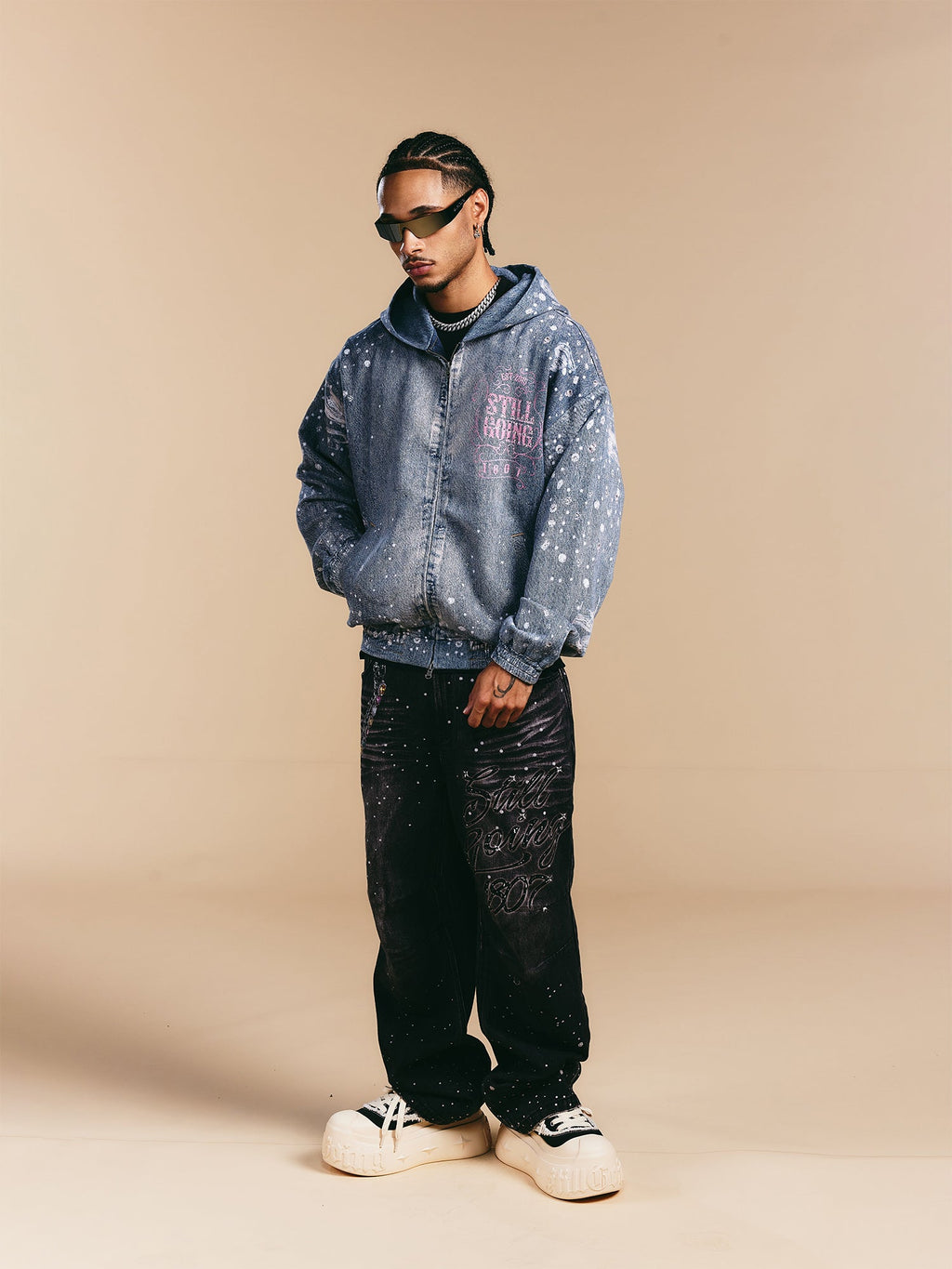 1807 Swarovski Crystal Diamond Denim Zip Up Hoodie