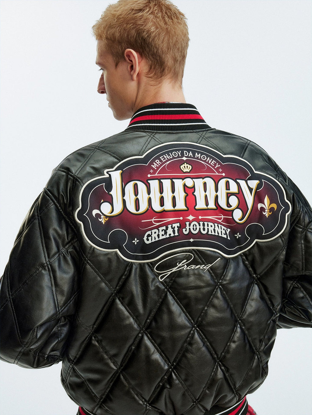 MEDM Diamond Quilted PU Leather Varsity Jacket