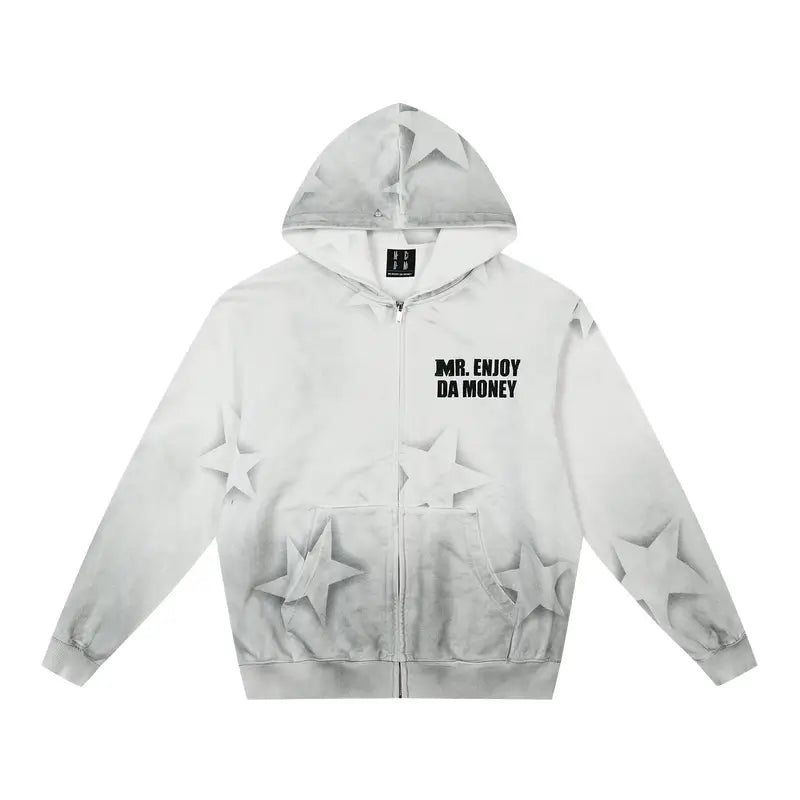 MEDM Washed Star All Over Print Zip Up Hoodie