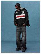 MEDM Asymmetric Collar Stripes Long Sleeve Polo