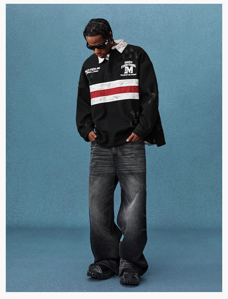 MEDM Asymmetric Collar Stripes Long Sleeve Polo