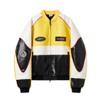 BLIND NO PLAN Color Block Embroidered Racing Leather Jacket