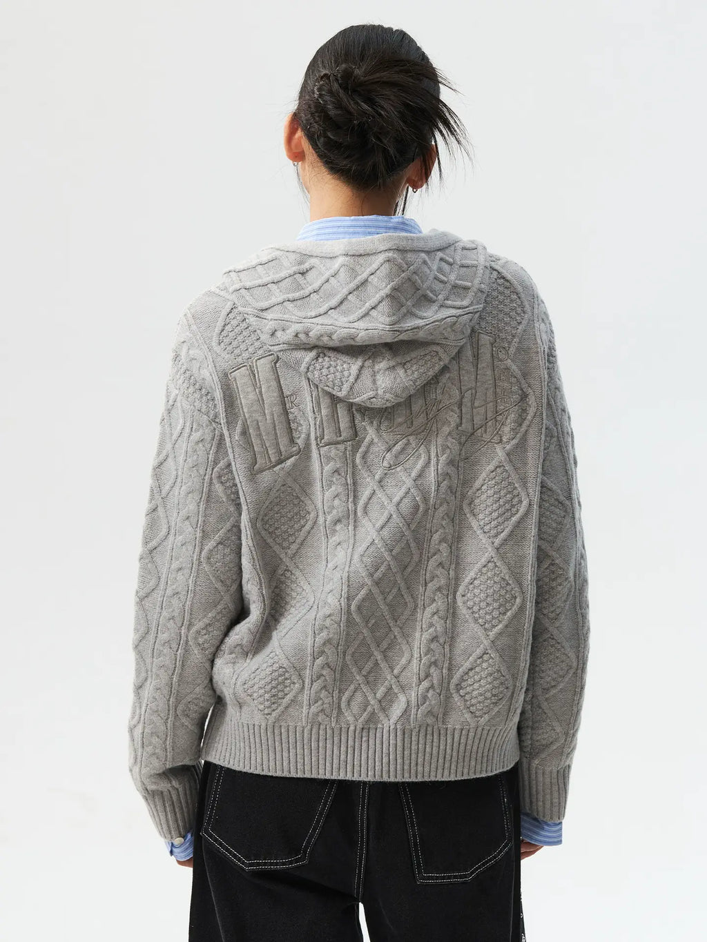 MEDM Hooded Cable Knit Zip Up Cardigan