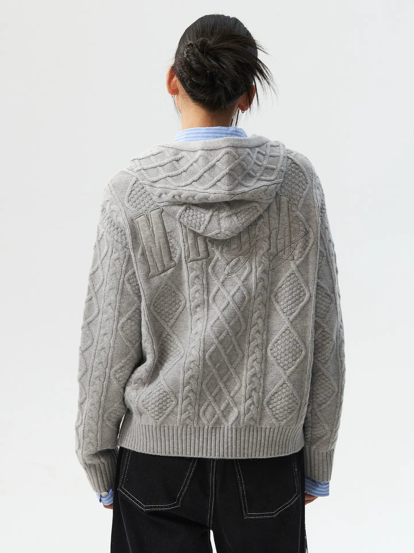 MEDM Hooded Cable Knit Zip Up Cardigan