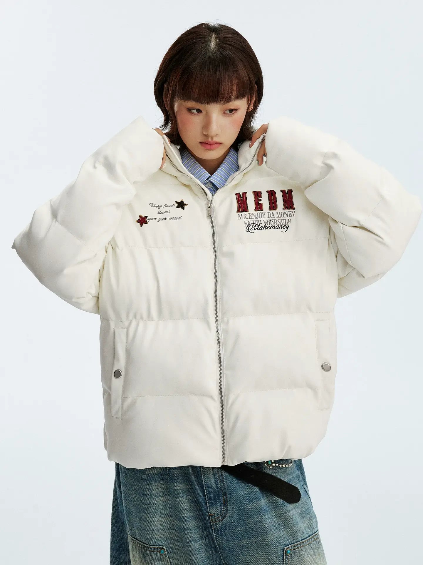 MEDM Leopard Patch PU Leather Puffer Jacket