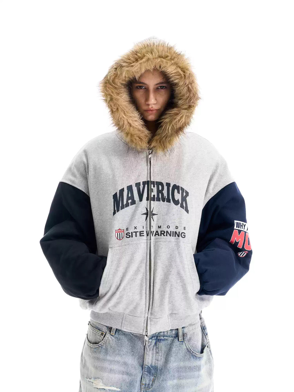 BLIND NO PLAN Gray Color Block Fur Hood Padded Jacket