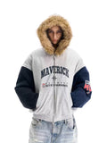 BLIND NO PLAN Gray Color Block Fur Hood Padded Jacket