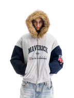 BLIND NO PLAN Gray Color Block Fur Hood Padded Jacket