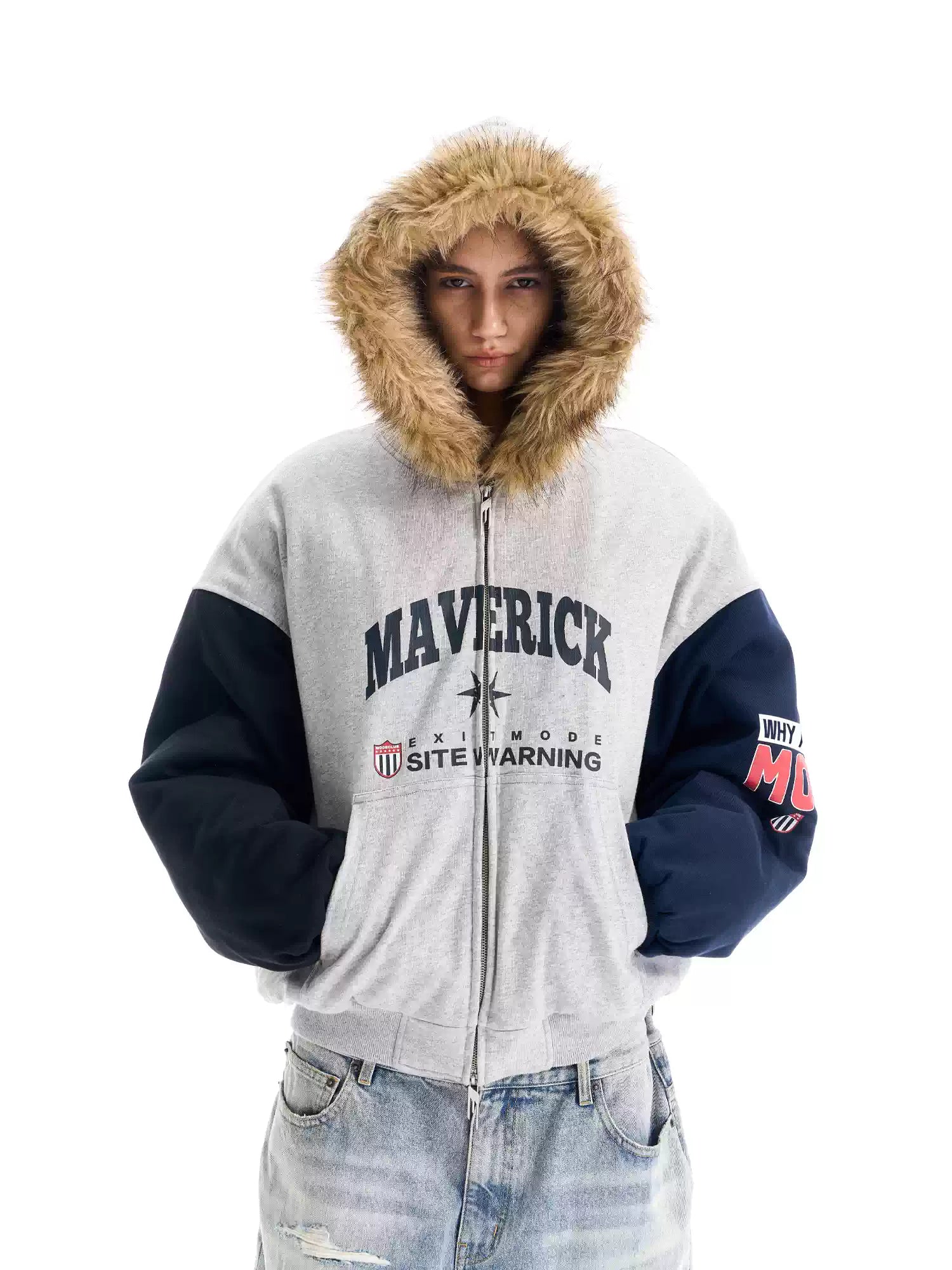BLIND NO PLAN Gray Color Block Fur Hood Padded Jacket