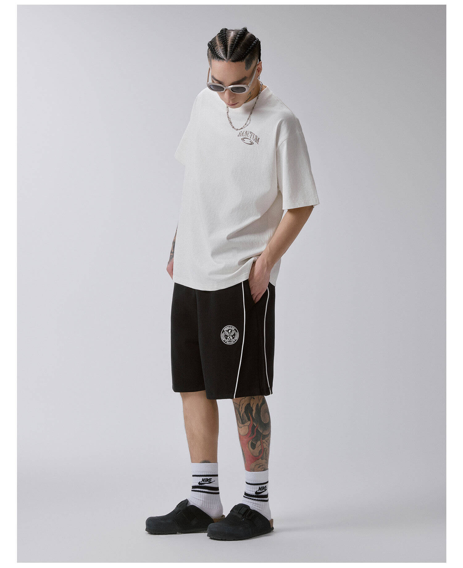F2CE Badge Embroidered Side Stripe Sweat Shorts