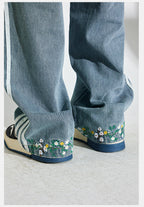 DICETINY Side Striped Floral Embroidered Washed Jeans