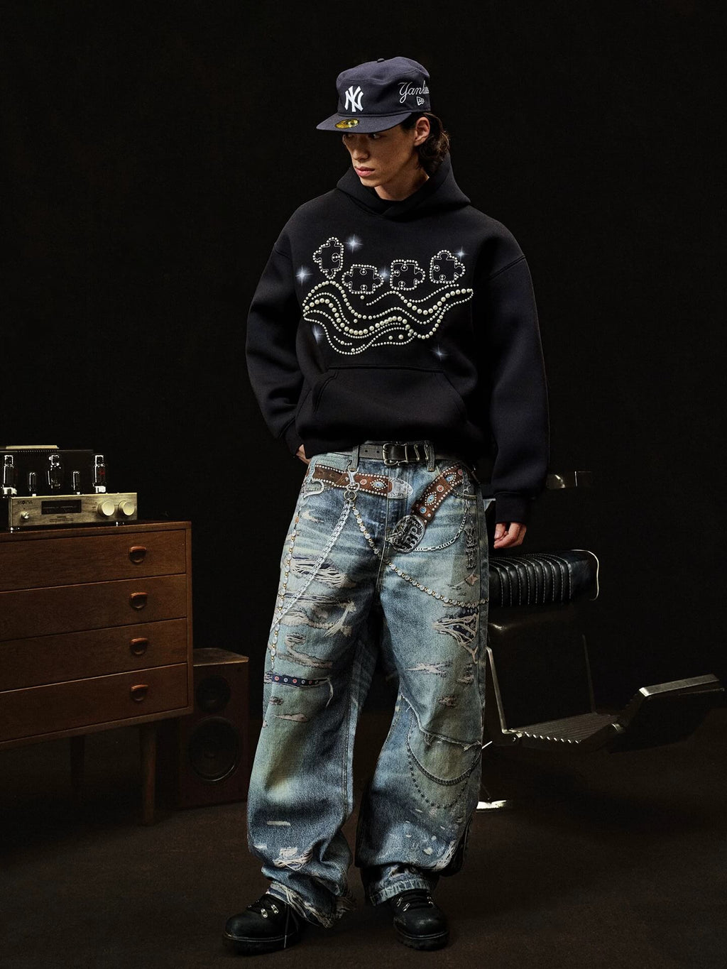 YADcrew x BIPOLAR 3D Belt Chain Digital Print Machete Jeans