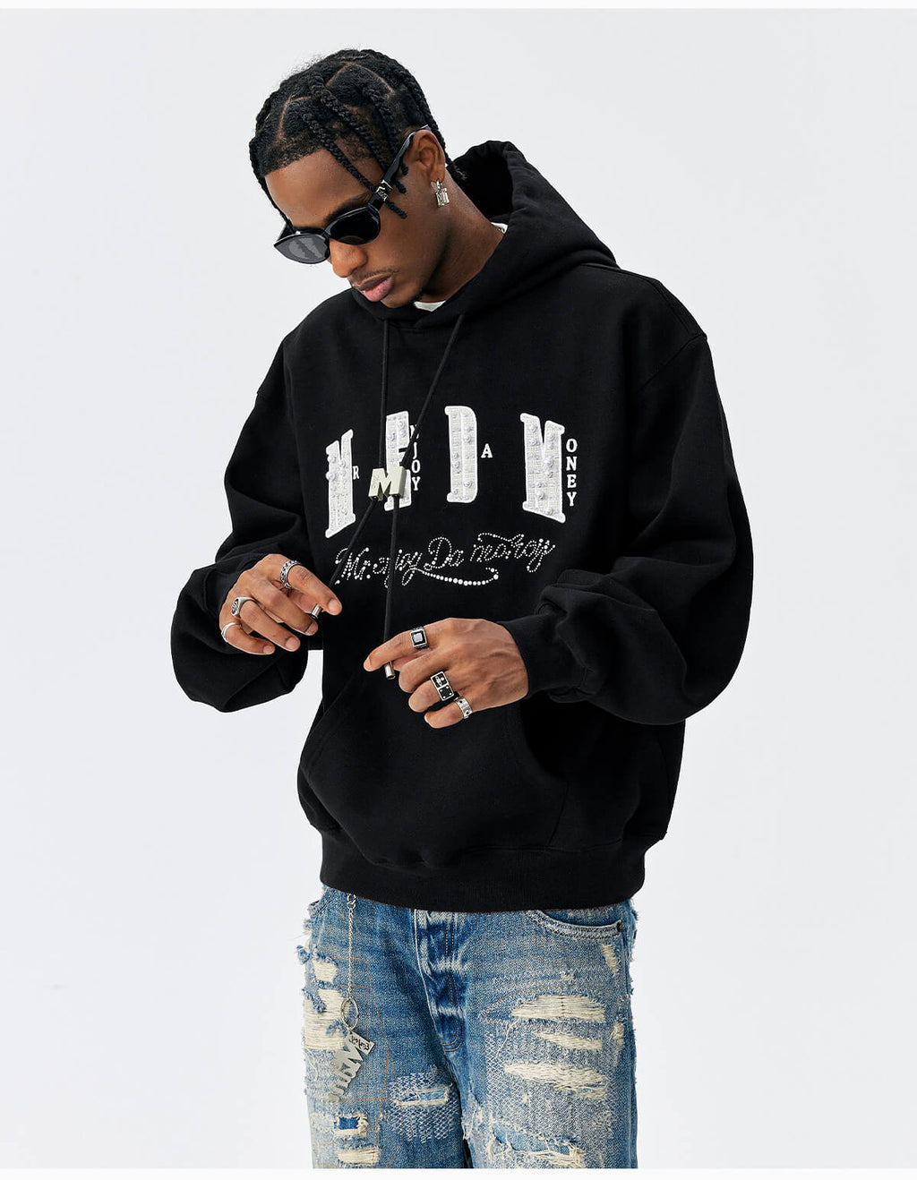 MEDM M Buckled Drawstring Pearl Logo Embroidered Hoodie