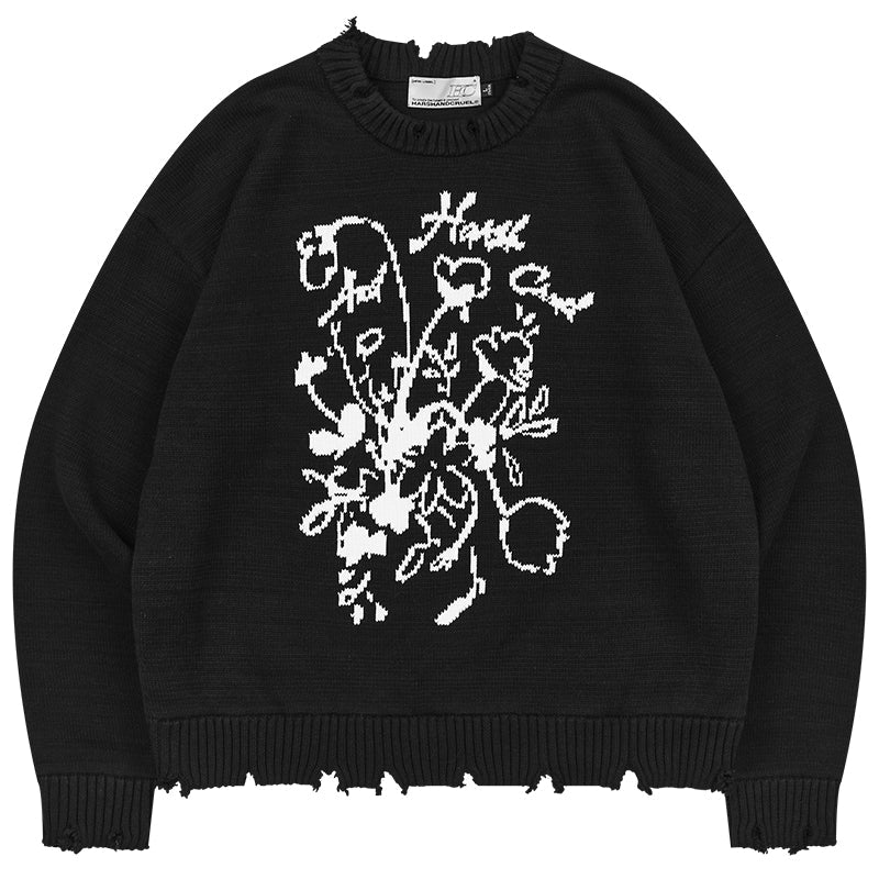 Harsh and Cruel Hand Drawn Flowers Knit Sweater
