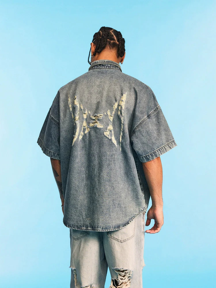 1807 Distressed Logo Washed Denim Short Sleeve Shirt