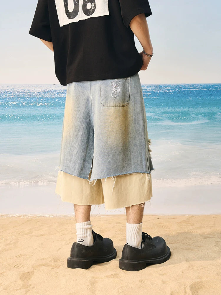 Harsh and Cruel Distressed Wash Layered Denim Shorts