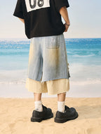 Harsh and Cruel Distressed Wash Layered Denim Shorts