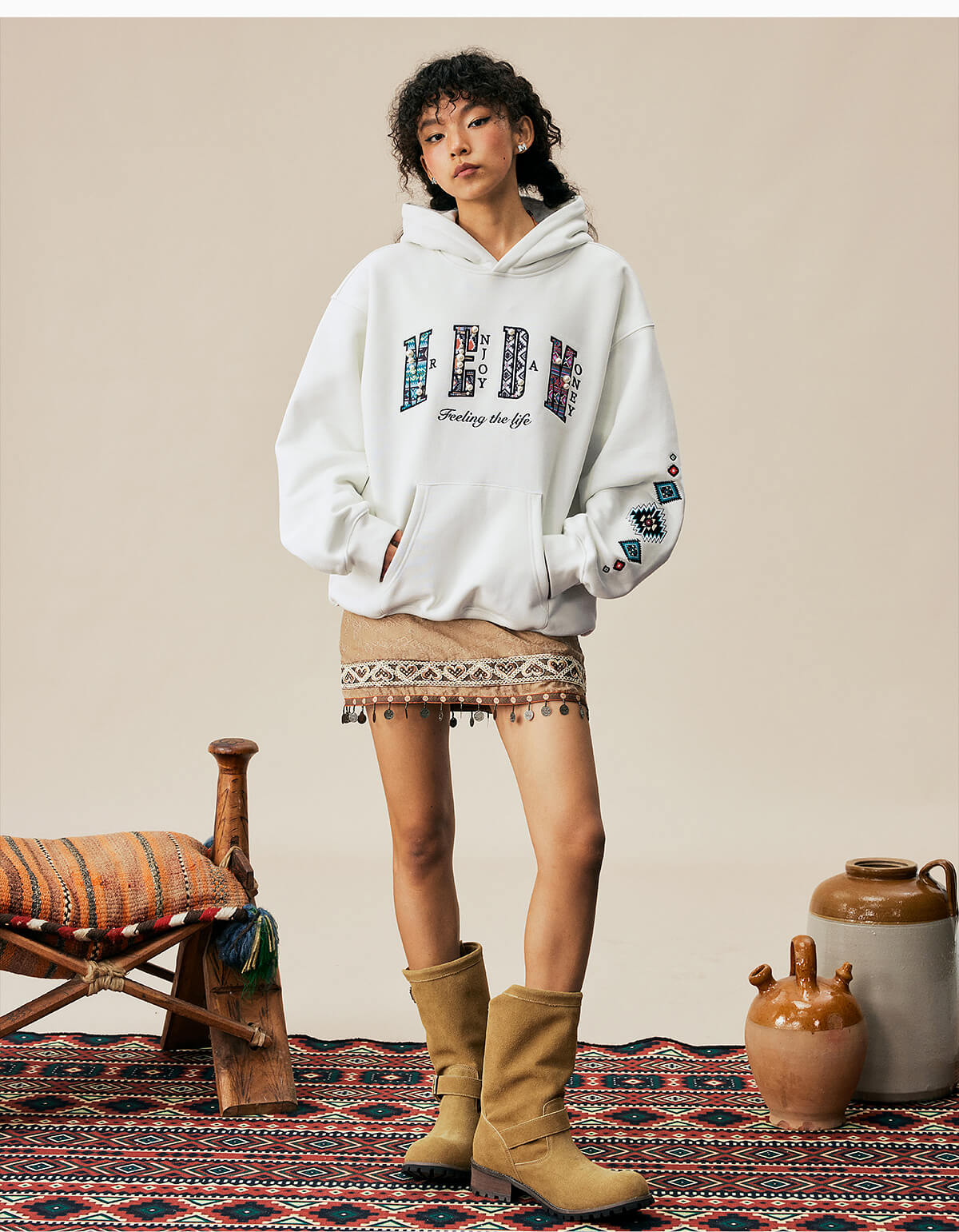 MEDM Ethnic Embroidered Patch Pearl Oversized Hoodie