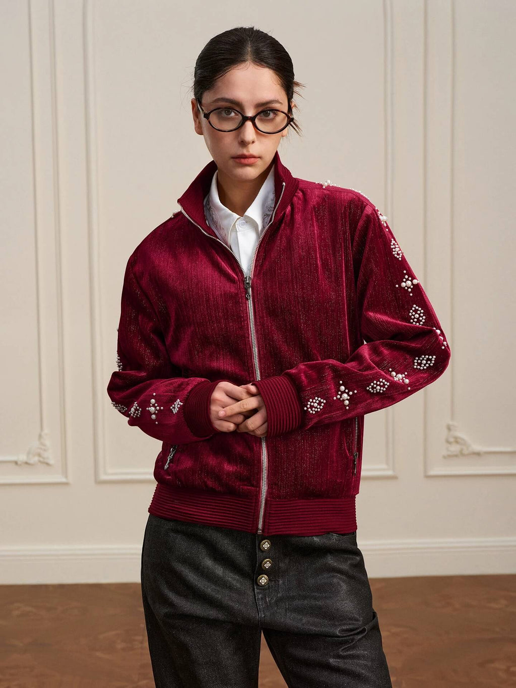 YADcrew Silver Thread Velvet Pearl Track Jacket