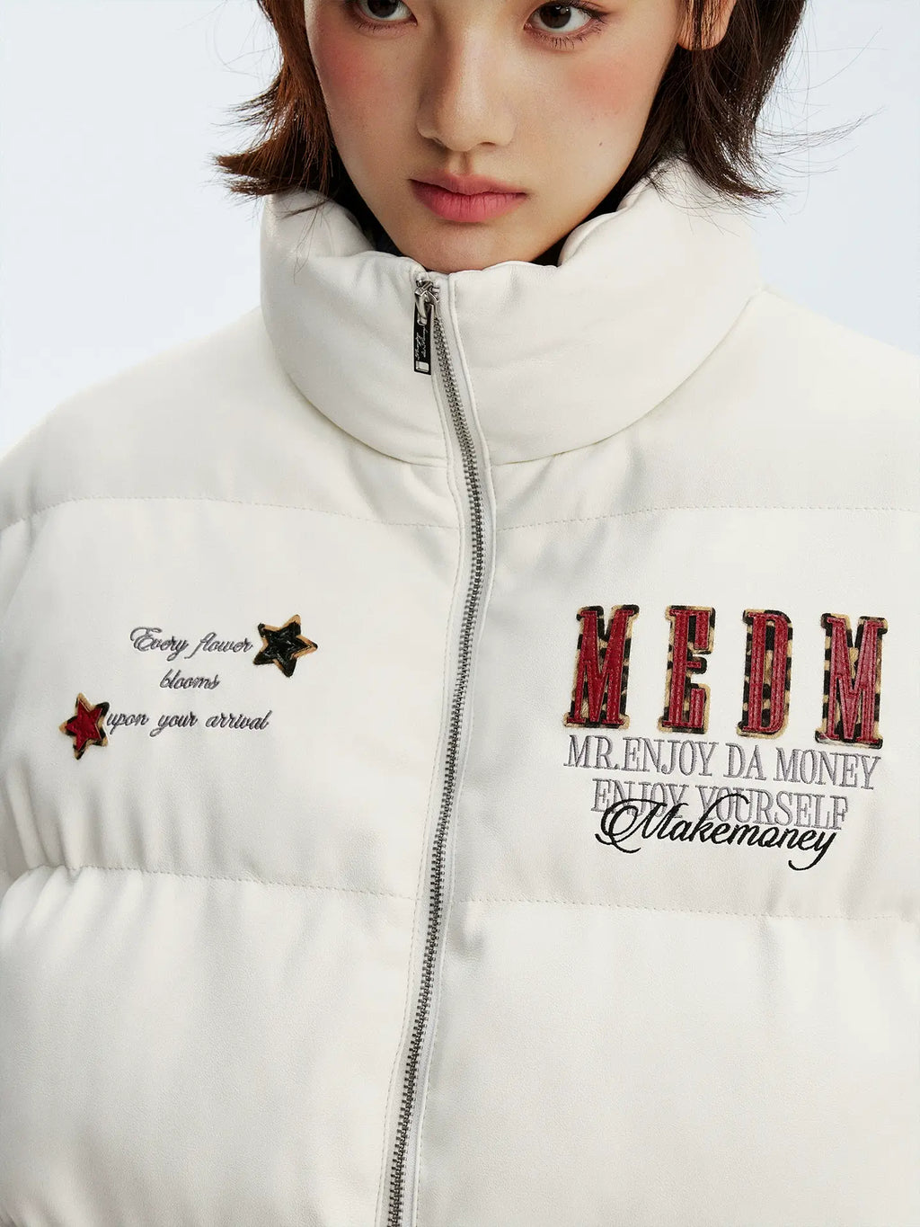 MEDM Leopard Patch PU Leather Puffer Jacket