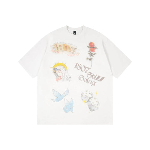 1807 Vintage Print Washed Distressed Short Sleeve Tee