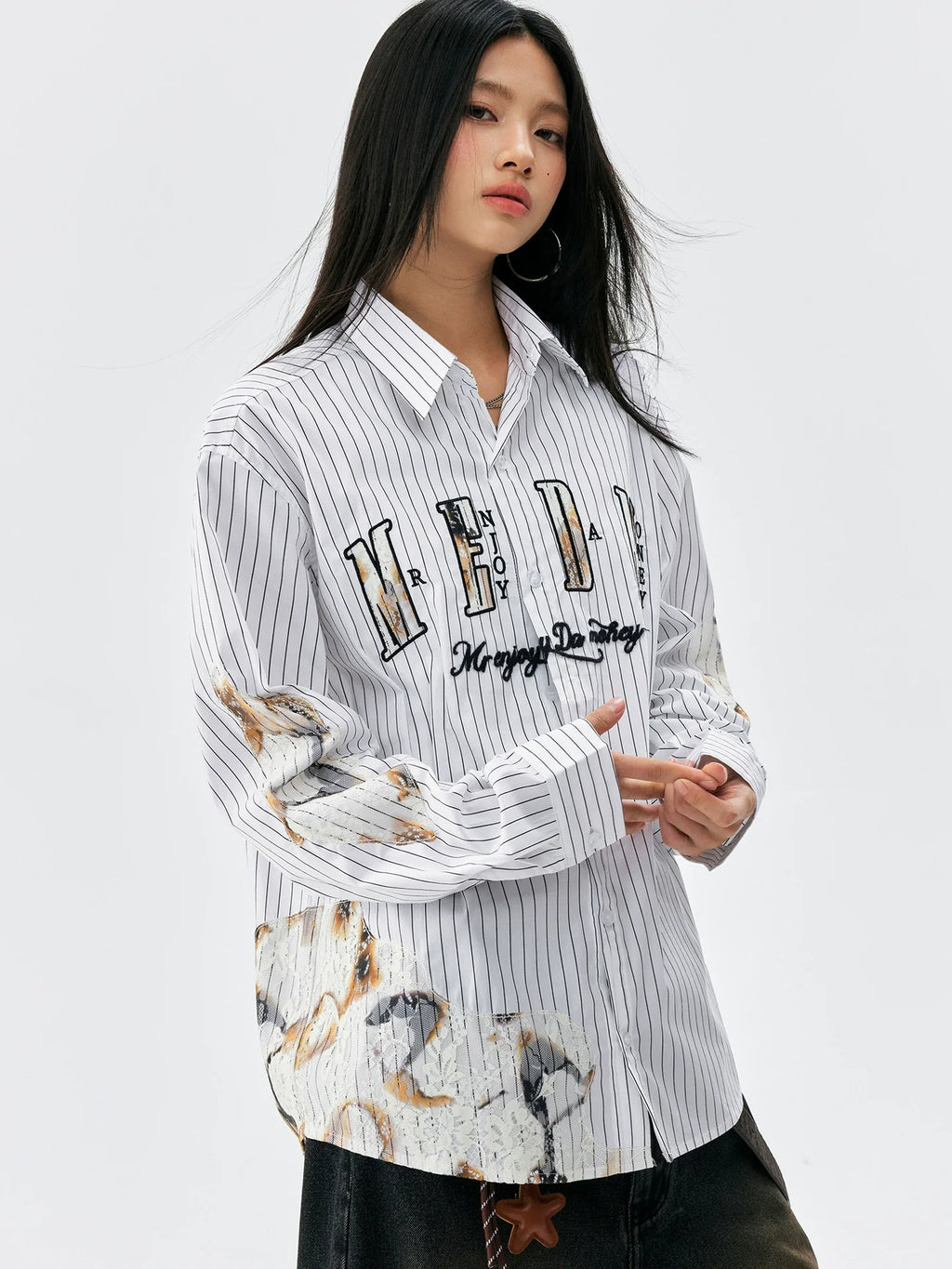 MEDM Lace Embroidered Striped Long Sleeve Shirt
