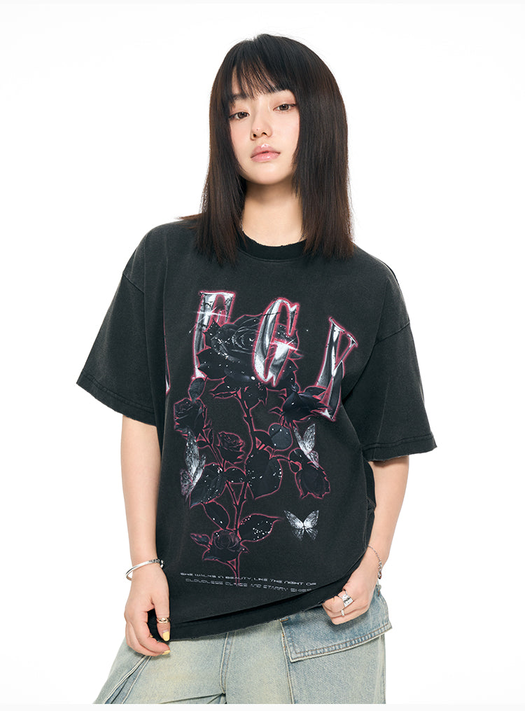 AFGK Metal Rose Print Distressed Washed Tee