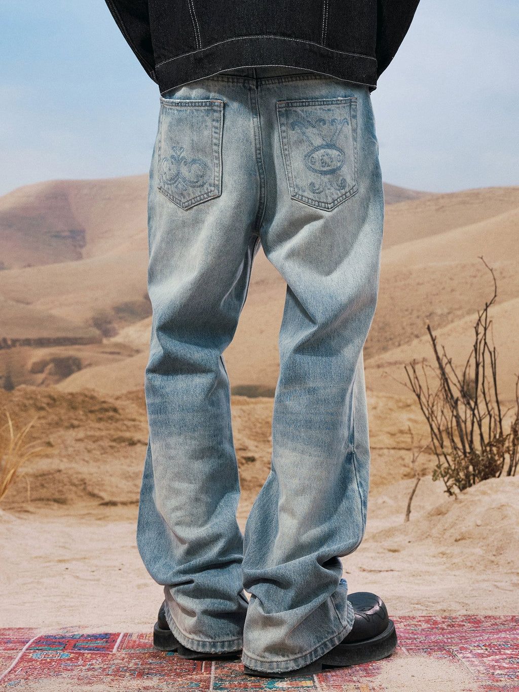 YADcrew Snap Button 3D Embroidery Washed Jeans