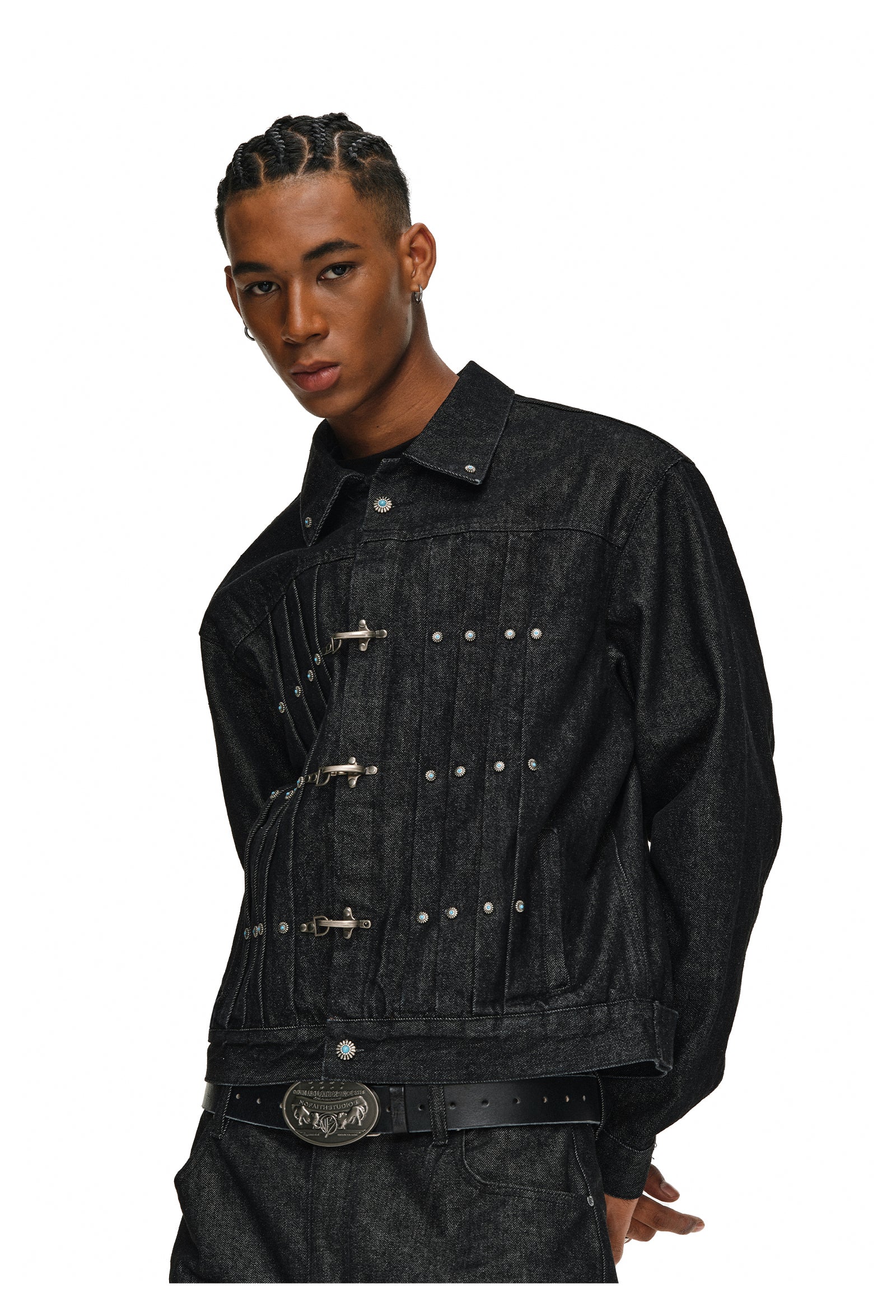 ANTIDOTE Turquoise Studded Pleated Buckle Denim Jacket