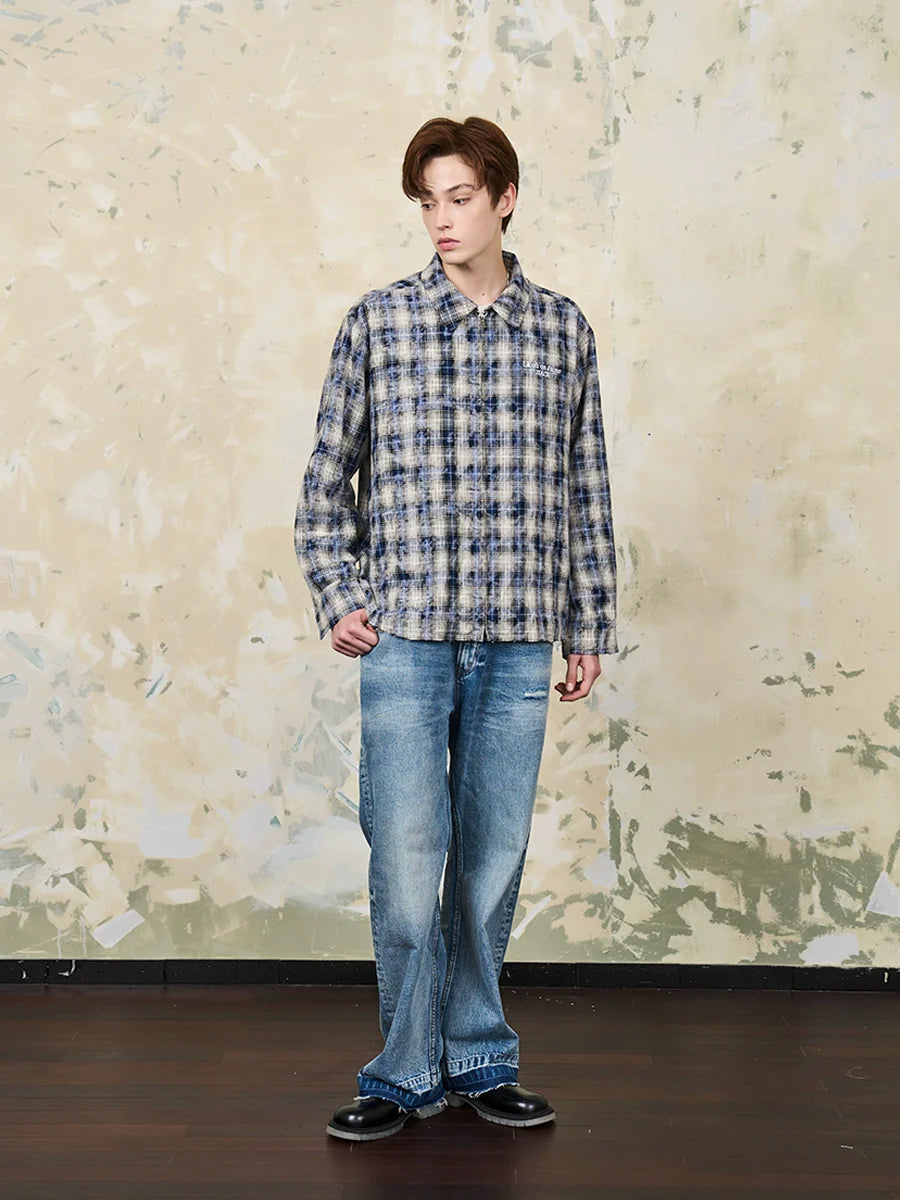 Harsh and Cruel Distressed Checkered Plaid Zipper Shirt
