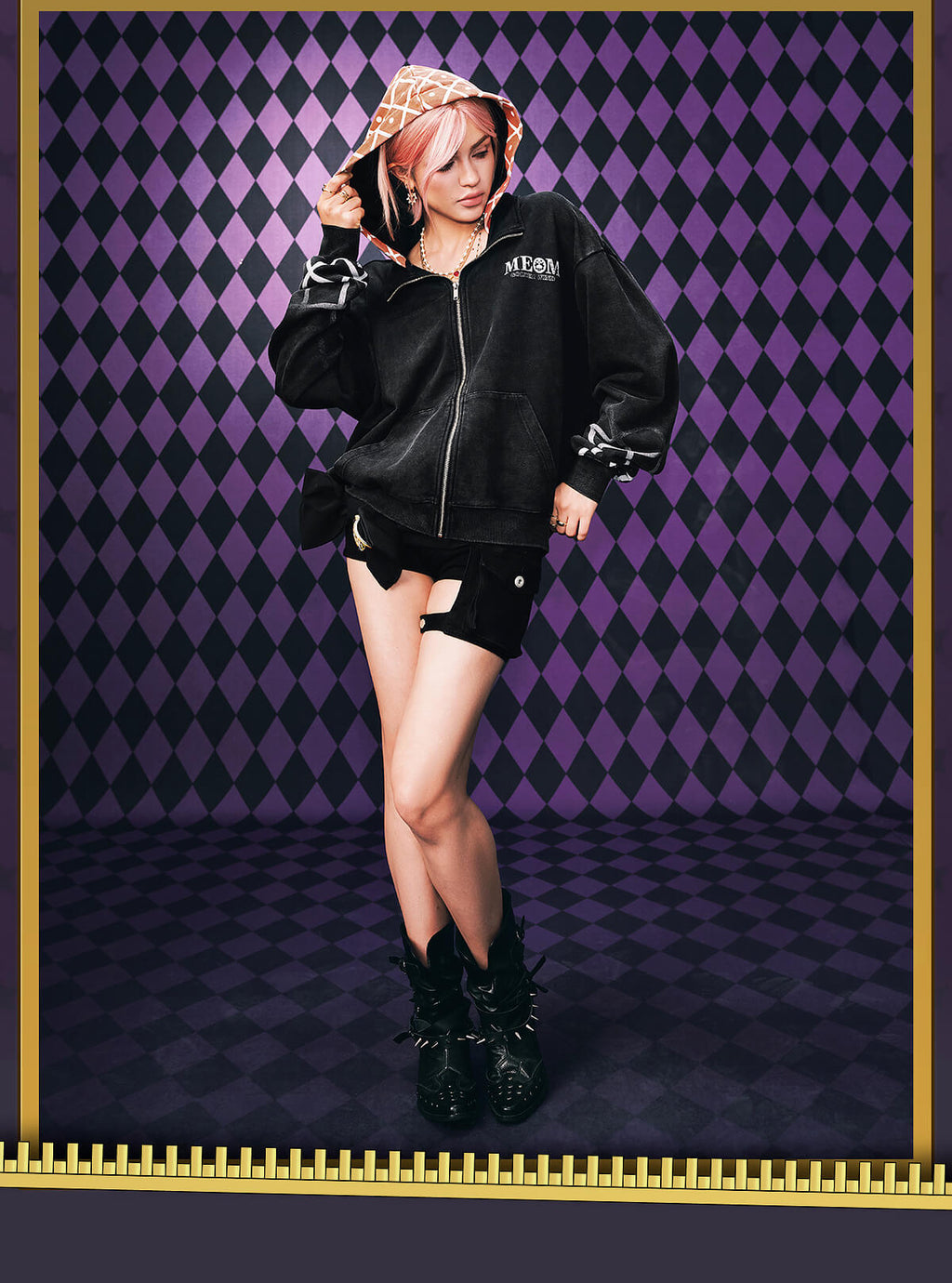 MEDM × JOJO Plaid Hooded Washed Zip Up Hoodie