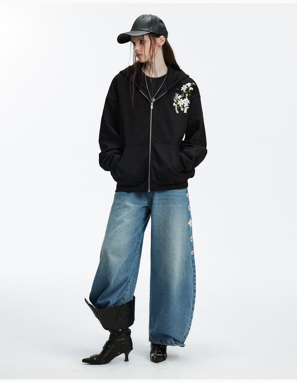 MEDM Rose Embroidered Zip Up Hoodie