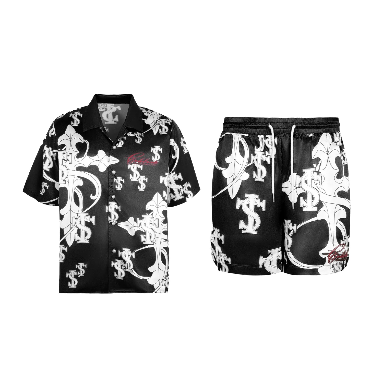 Small Town Kid Monogram Cross Logo Satin Cuban Shirt Set