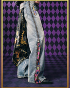 MEDM × JOJO Side Zipper Contrast Checkered Washed Jeans
