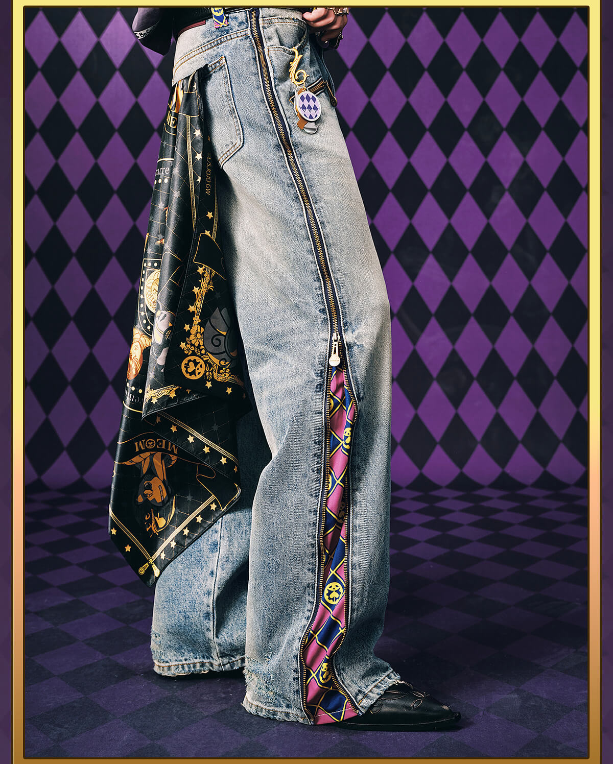 MEDM × JOJO Side Zipper Contrast Checkered Washed Jeans