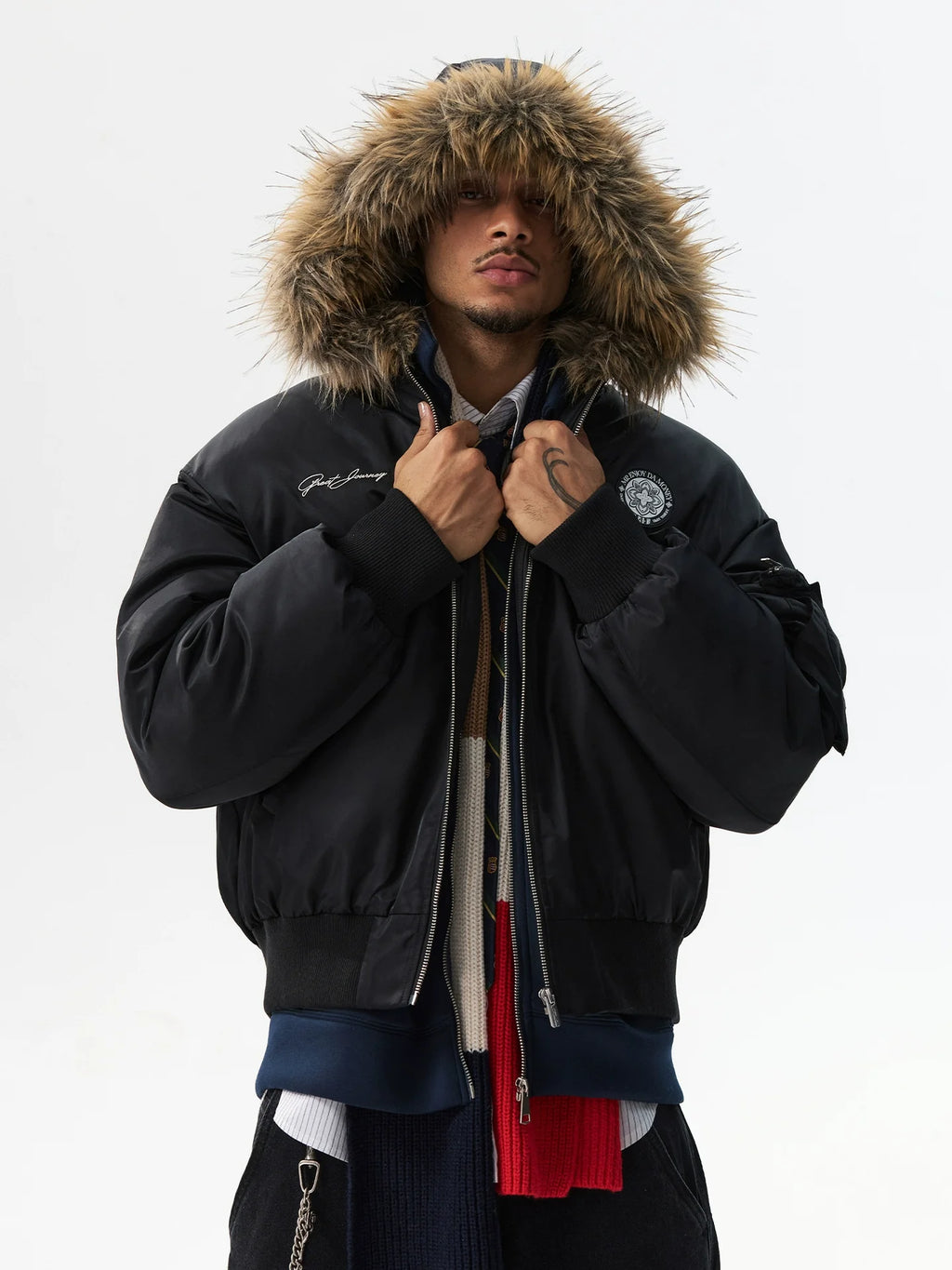 MEDM Silicone Logo Patch Fur Hooded Bomber Jacket