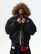 MEDM Silicone Logo Patch Fur Hooded Bomber Jacket