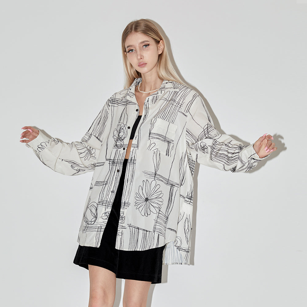 EMPTY REFERENCE Sketch Plaid Floral Print Long Sleeved Shirt